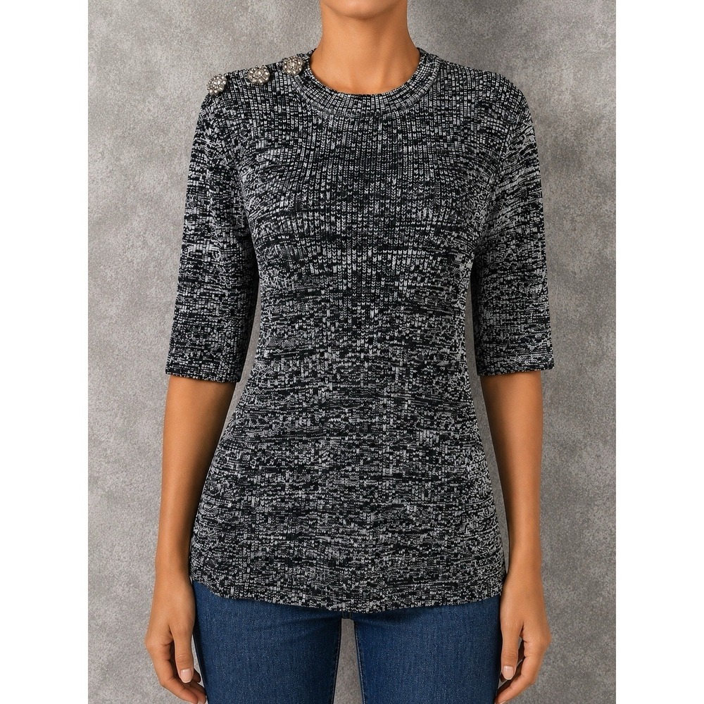 Ganni Melange Knit Top Womens Large Gray Crystal Embellished 3/4 Sleeve